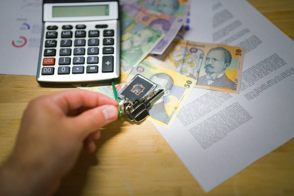 A hand holds keys next to Romanian currency, a calculator, and documents, symbolizing real estate transactions.